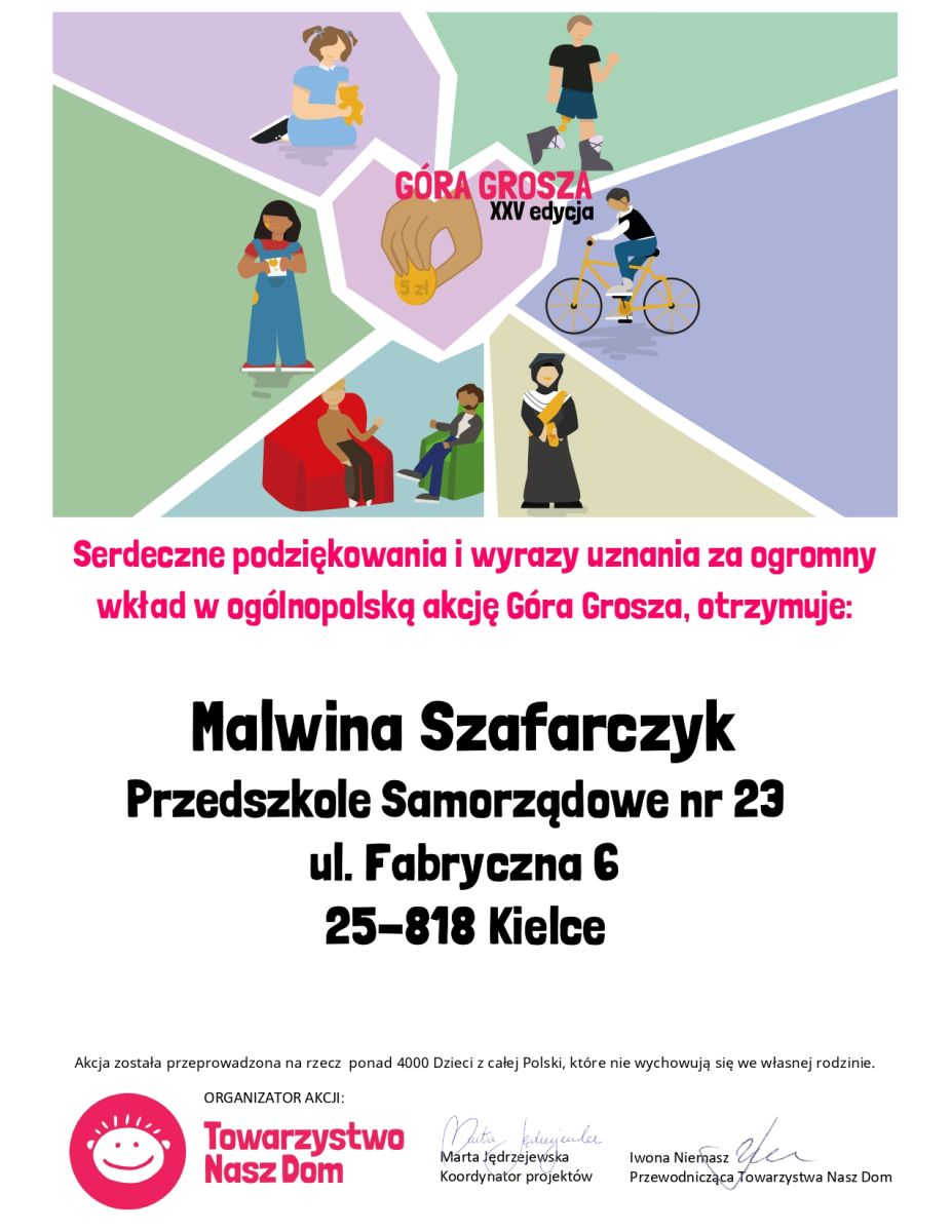 dyplom akcji "Góra Grosza" dla Malwiny Szafarczyk