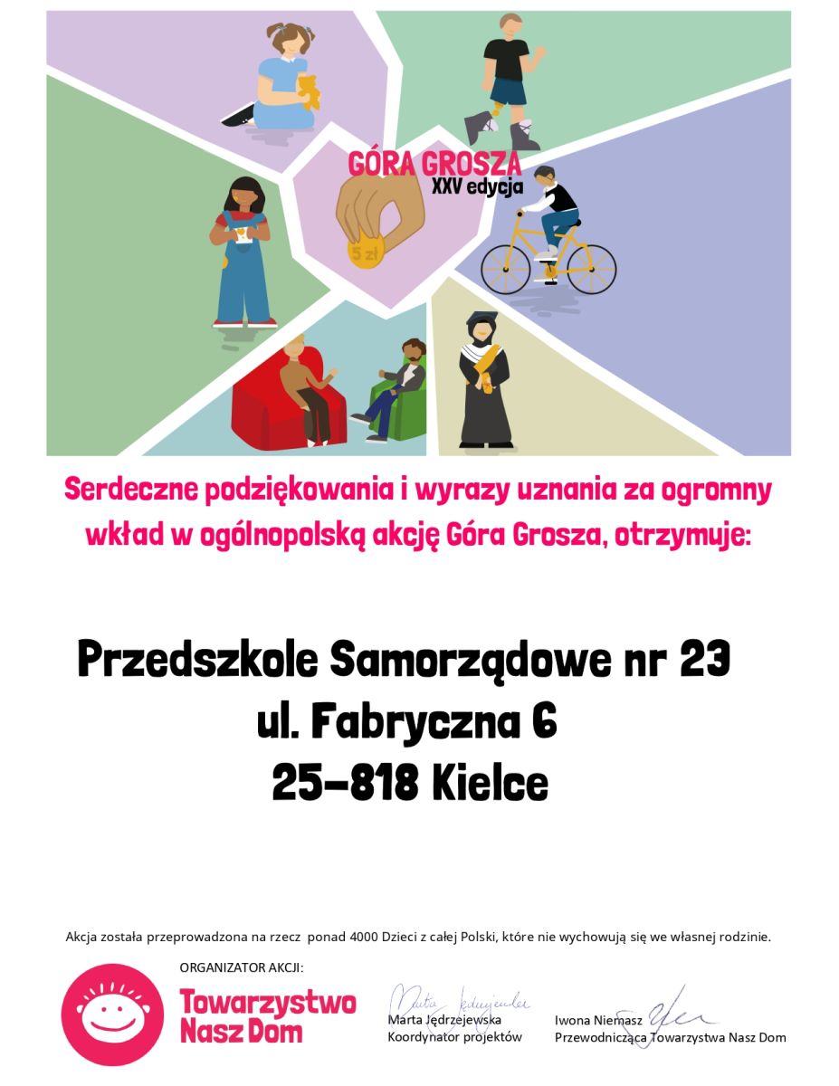 dyplom akcji "Góra Grosza" dla Przedszkola Samorządowego nr 23 w Kielcach