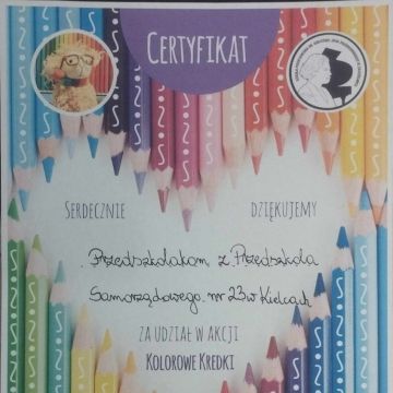 Dyplom dla Przedszkola Samorządowego nr 23 w Kielcach, za udział w akcji "Kolorowe Kredki"